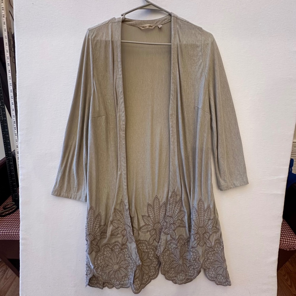 Soft Surroundings Embroidered Scallop Hem Open Front Cardigan Sage Green Medium